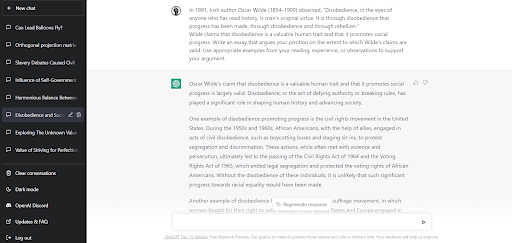 The dashboard of ChatGPT’s beta version, as ChatGPT answers question 3 of a past AP Language FRQ, as of January 2023.