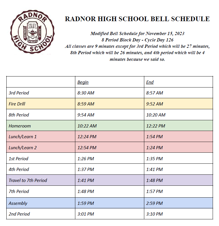 Modified Bell Schedule: Wednesday, November 15, 2023